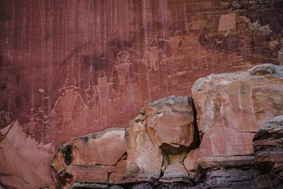 Fremont and Ancestral Puebloan people lived near what is now designated as Capitol Reef National Park between 600-1300 A.D. Their markings tell what appears to be their the stories, hunting patterns, crop cycles and mythologies of their lives.